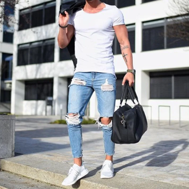 Men Jeans Autumn Men Trousers Fashion Urban Skinny Jeans Men Middle Waist Denim Pants Streetwear Men Ripped Jeans Pencil Pants