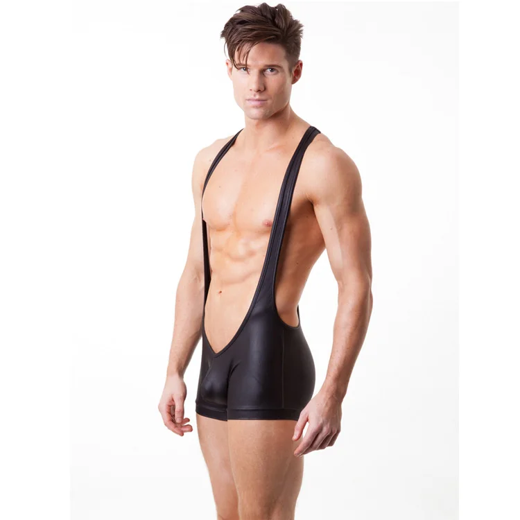 

Bodywear Faux Leather Wrestling Singlet Men Sexy Siamese Boxers Sexy Underwear Leotard Bodysuit Black/Gold/Silver S M L XL