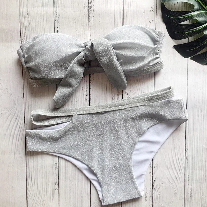 

IMANFive Solid Sequins Bikini 2018 New Arrival Strapless Bandage Bikinis High Waist Sexy Swimsuit Swimwear Women Biquini S-L
