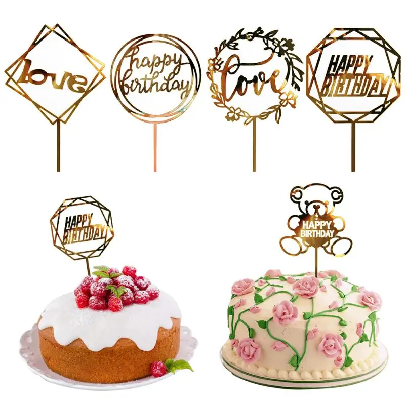 

Shiny Happy Birthday Cake Topper Golden Cake Insert For Wedding Birthday Party Baby Shower Anniversaries Home Decorating Tools