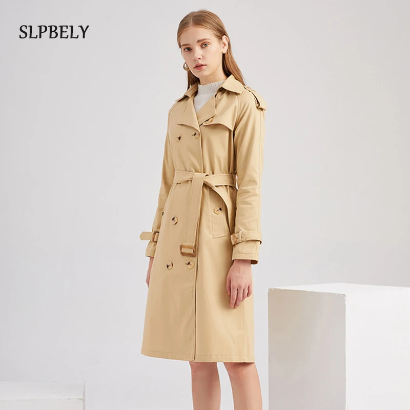 

SLPBELY Women Trench Coat Windbreaker Spring Double Breasted Classic Long Trench Coat With Belt Slim Female Outwear Overcoat New