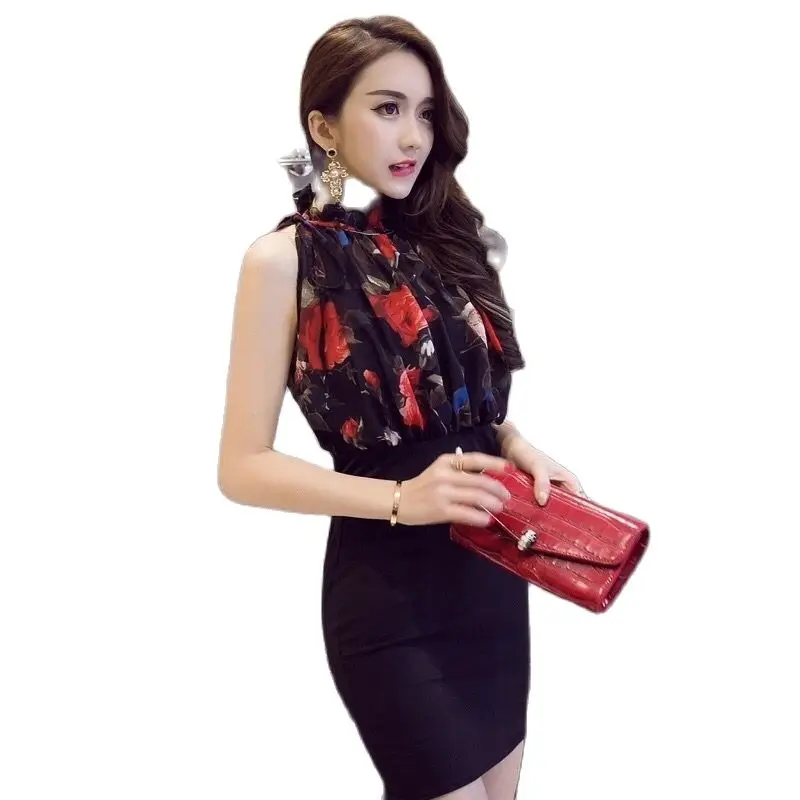 

Women Dress Fashion Casual Summer Chiffon Printed Sleeveless Beach Dress Sundress Female mini Dress Vestidos