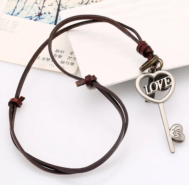 

WANGAIYAO retro leather rope necklace female Korean long wild sweater chain alloy LOVE long key cowhide necklace