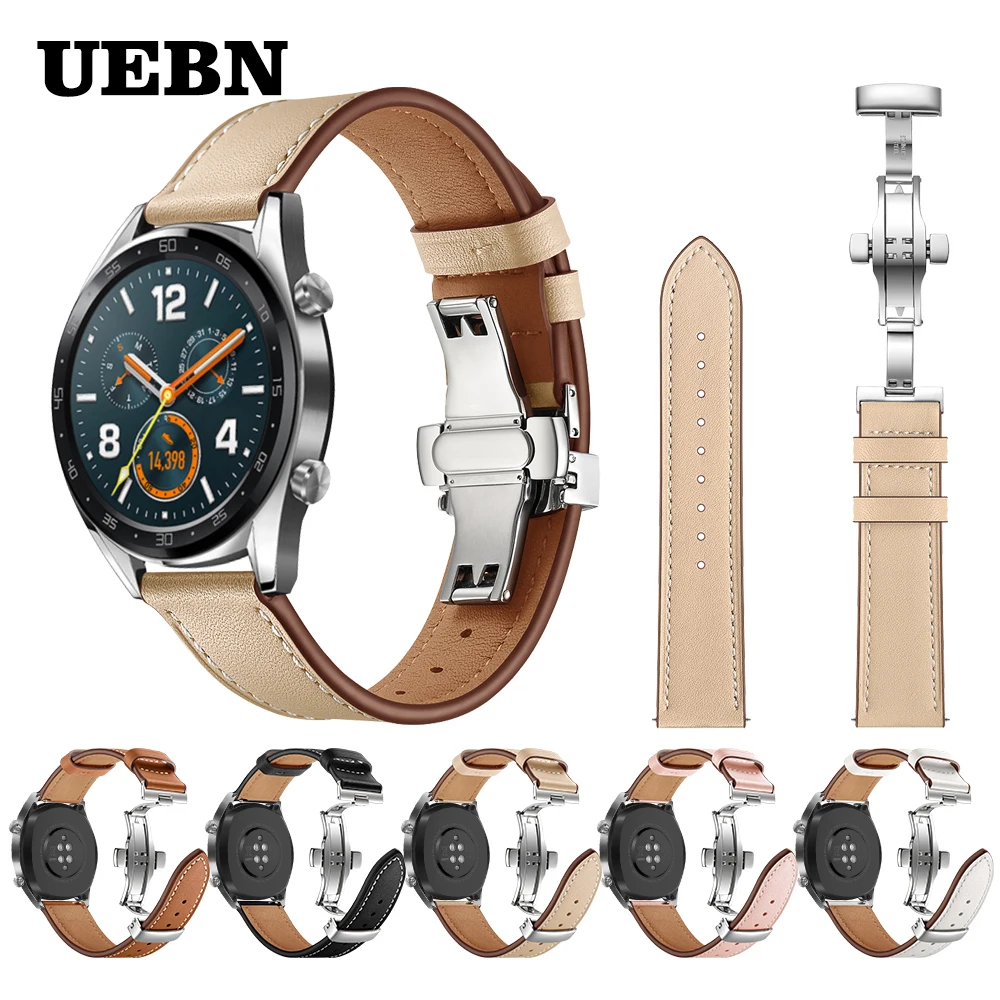 

UEBN 20mm 22mm Silver Butterfly clasp Leather strap for Huawei Watch GT 2 42mm 46mm band for HONOR Watch Magic Watchbands