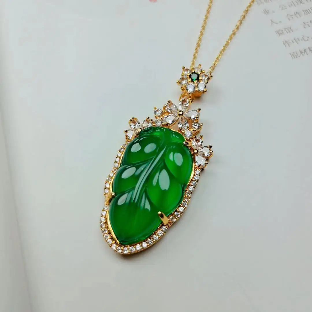 

100% Natural Ice Chalcedony leaf Pendant 925 necklace Fine Jade Stone Jewelry Women String Accessories