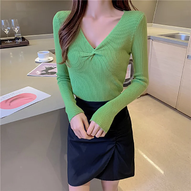 New autumn decoration body versatile outerwear sweater v-neck blouse long-sleeved blue yellow green sweater for women images - 6