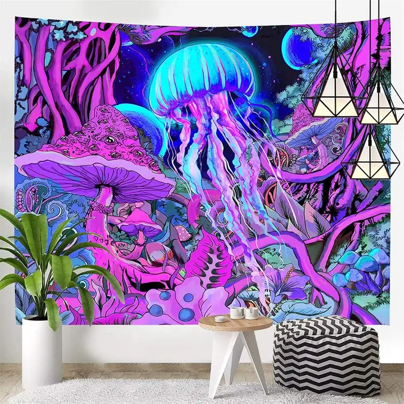 

Trippy hippie mushroom art wall hanging magic forest fantasy space planet psychedelic jellyfish tapestry