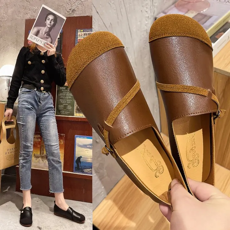 

2021 Spring and Autumn Models Single Shoes Genuine PU Leather Women's Shoes Retro Soft Sole Non-slip Casual Mother Shoes Woman