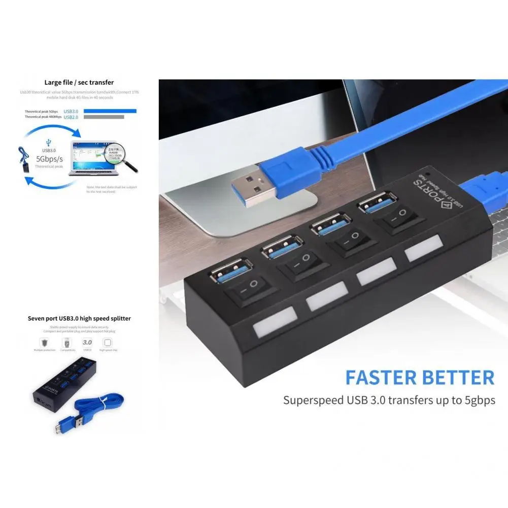 

Compact Great 4 USB Ports Hub Expansion Portable USB Hub with Switch for Home