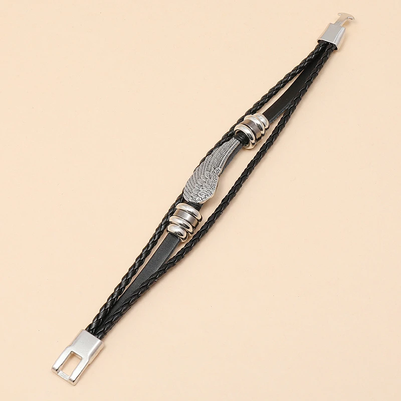 Fashion Punk Black Men Bracelet Vintage Multilayer Feather Angel Wing Charm Braided Leather Rope Chain Bangle Wristbands Jewelry | Украшения