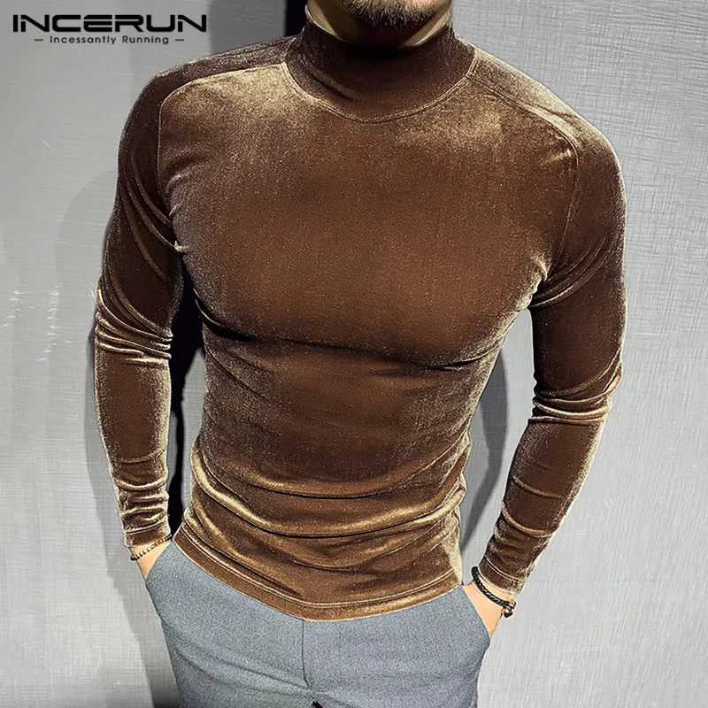 

INCERUN фитнес Skiny Camisetas мужские вельветовые Футболки с длинным рукавом однотонные Топы 2022 теплые мужские термофутболки с высоким воротником 5XL