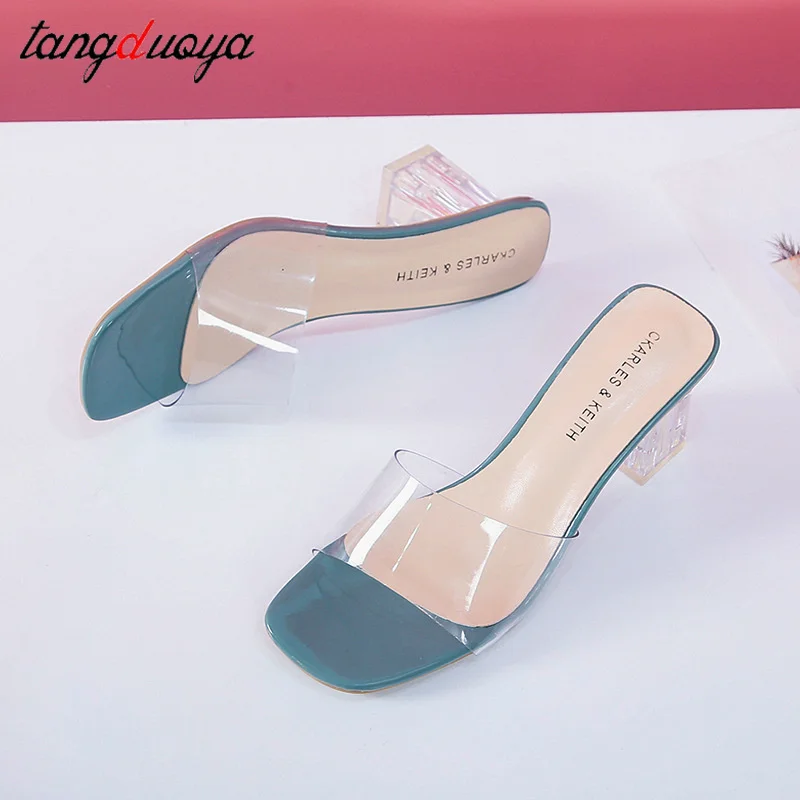 Шлепанцы женские на среднем каблуке прозрачные сандалии с кристаллами удобная