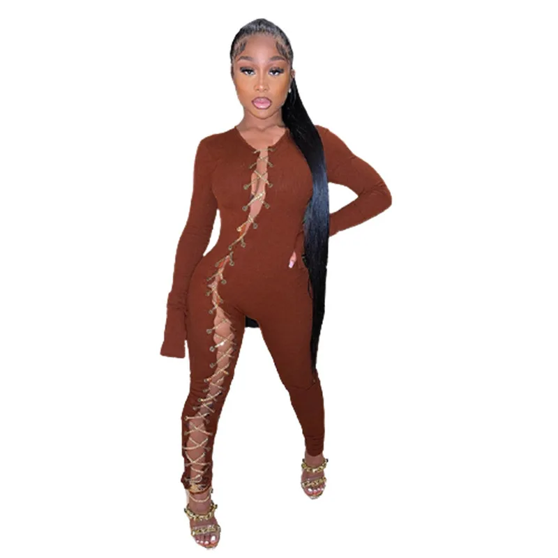 2021 Ribbed Chain Hollow Out Side Criss-Cross  Jumpsuit Women Solid Flared Sleeve Skinny Slim Night Club Party One Piece Overall