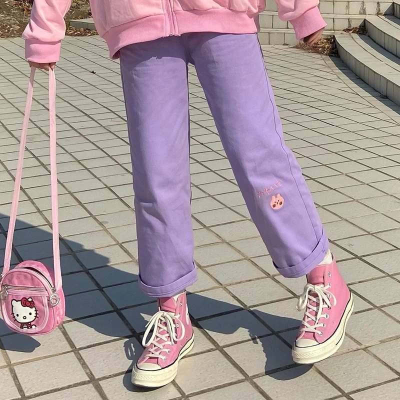

Harajuku Kawaii Pink Pants Women Japanese Soft Girl Cartoon Embroidery Elastic Waist Trousers Korean Preppy Style Wide Leg Pants