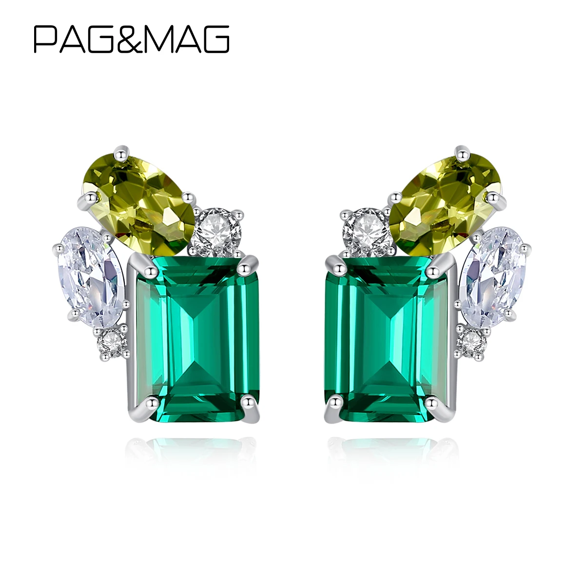

PAG&MAG 925 Sterling Silver Earrings With Emerald For Women Square Green Stone Korean Stud Earrings Jewelry pendientes SE-421