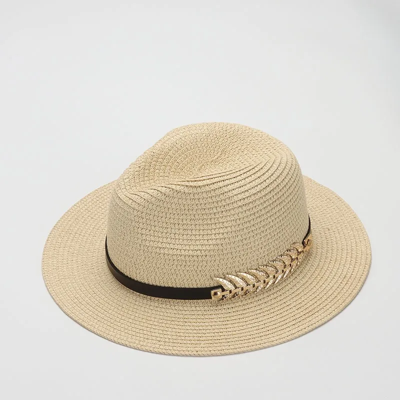 

YQYXCY Summer Hats For Women Gold Leaf Chain Panama Cap Sun Hat Ladies Beach Travel Jazz Sunhat Sunshade Wide Brim Gorro Floppy