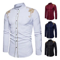 75 hot sales men fashion embroidery flower button stand collar long sleeve shirt blouse top