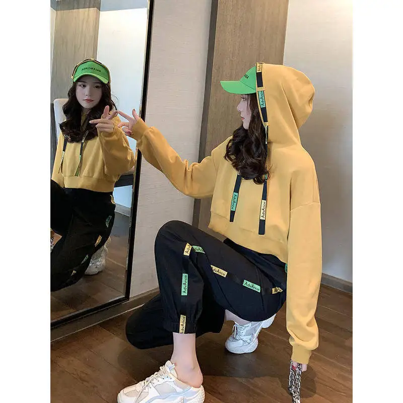 Fashion Tracksuit For Women Autumn 2021 New Korean Student Hooded short sweater casual wild beam pants 2 piece set women |
