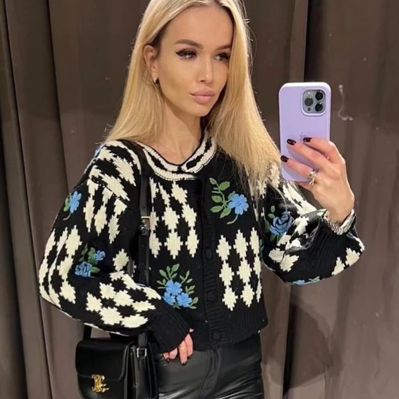 

Элегантный цветочный кардиган Ardm, женский модный жаккардовый свитер с геометрическим узором, винтажная женская верхняя одежда на пуговица...