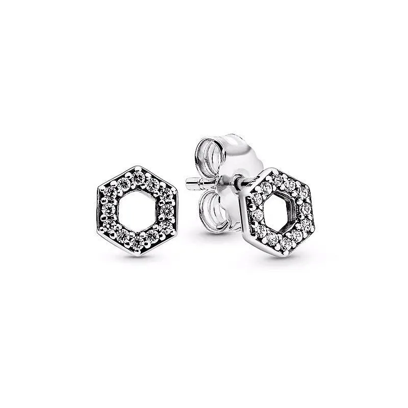 

Real 925 Sterling Silver Pan Earring Pink Daisy Square Sparkle Honeycomb Hexagon Pan Earrings For Women Wedding Fashion Jewelry