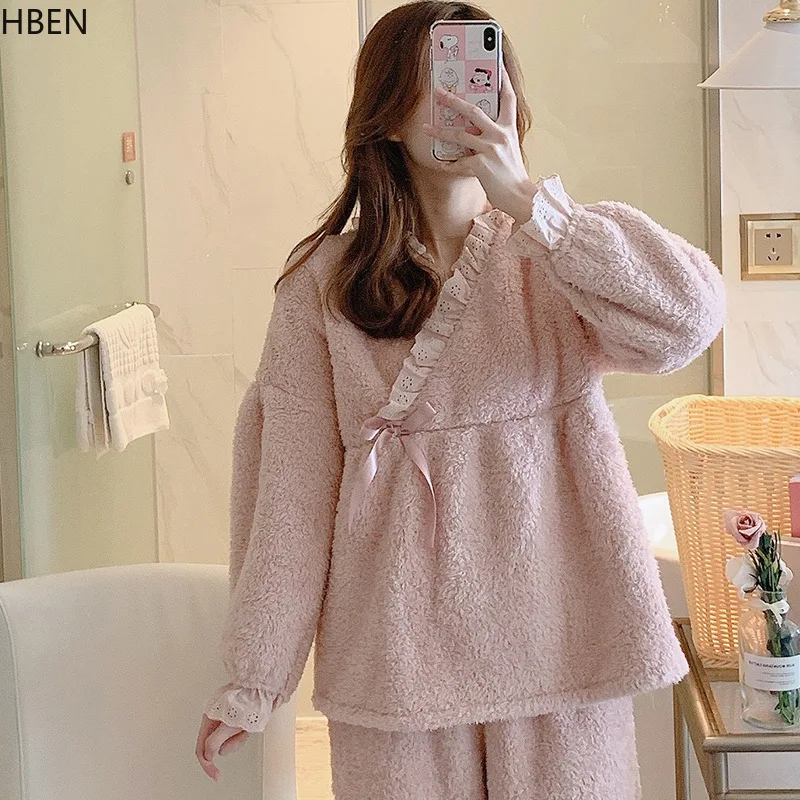 

CA Lounge Thick Flannel Feeding Pregnancy Sleepwear Winter Women Pajamas Set Maternity Clothing Suit Homewear Warm Breastfeeding