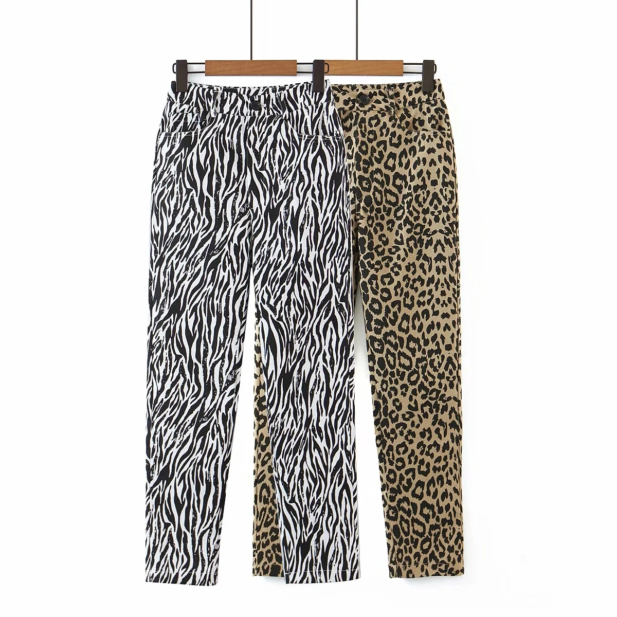 

Foridol zebra print demin pants women high waist zipper single button leopard print jeans animal pattern skinny pants trousers