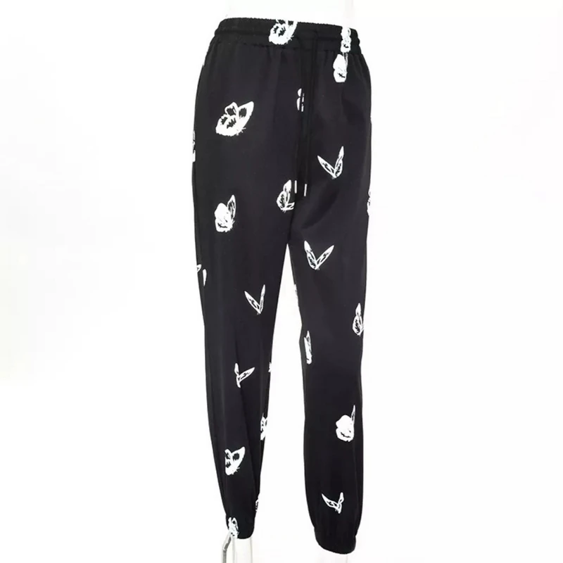 

Laamei Vintage Elegant Black Pants Gothic Harajuku Butterfly Print joggers Pant Women Punk Streetwear Fitness High Waist Trouser
