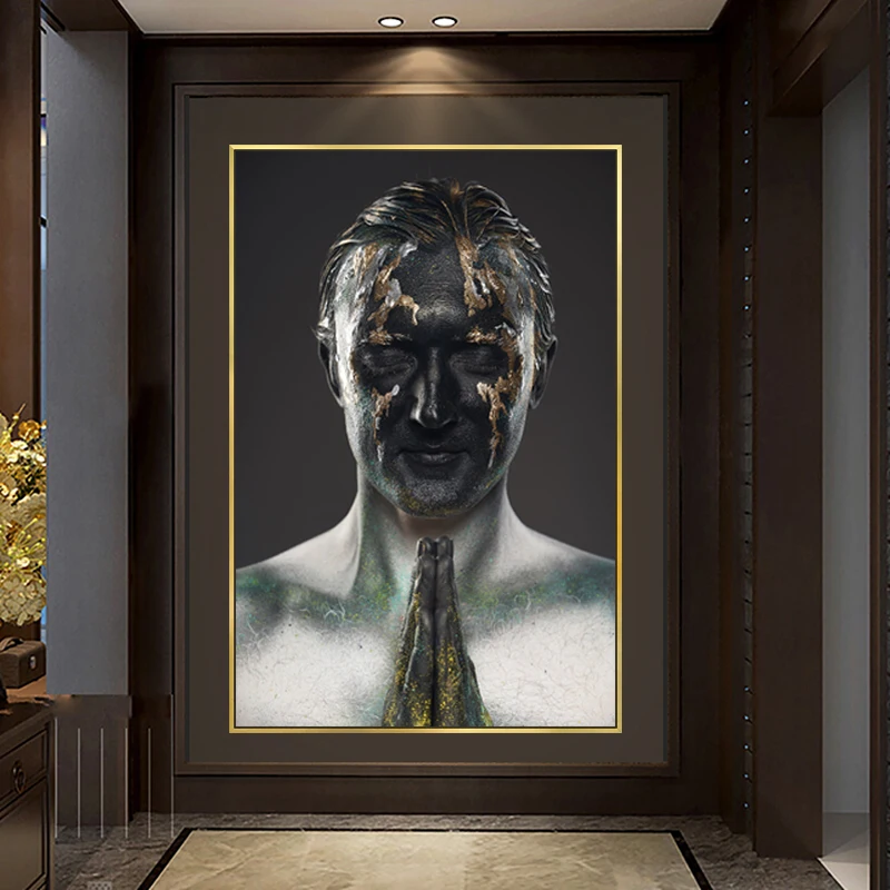 

African Art Black and Gold Man Oil Painting on Canvas Cuadros Posters and Prints Scandinavian Wall Art Picture for Living Room