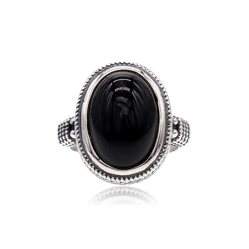 

S925 Sterling Silver Open-End Ring Natural Black Agate Egg Noodles Retro Personalized Fashion Women's Baita Gift