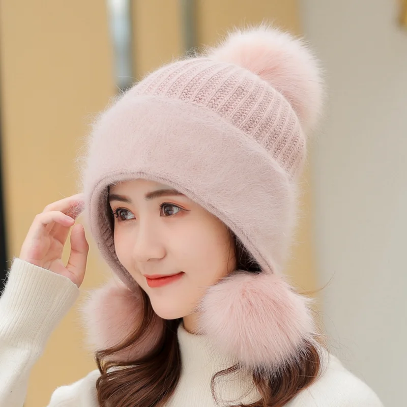 

2019 New Women Rabbit hair Knitted Hat Winter Caps Thick Warm Skullies Hat Three Pom Pom Winter Ski Beanie Cute beanie caps for