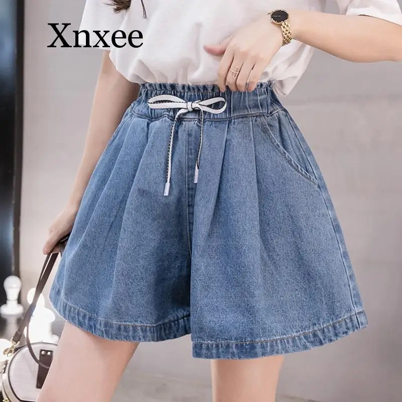 

loose Women Denim Shorts Classic Vintage Elastic High Waist Blue Fashion Female Plus Size Loose Casual Wide Leg Tether Jeans