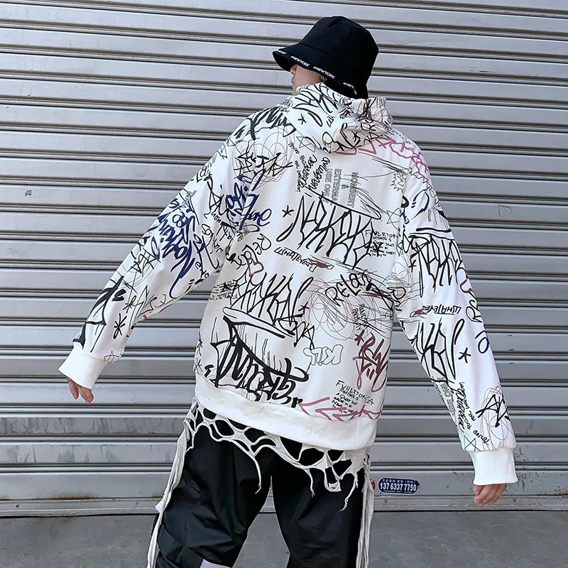 Япония Улица граффити печати толстовки хип хоп стиль Swag Tyga оверсайз черный белый