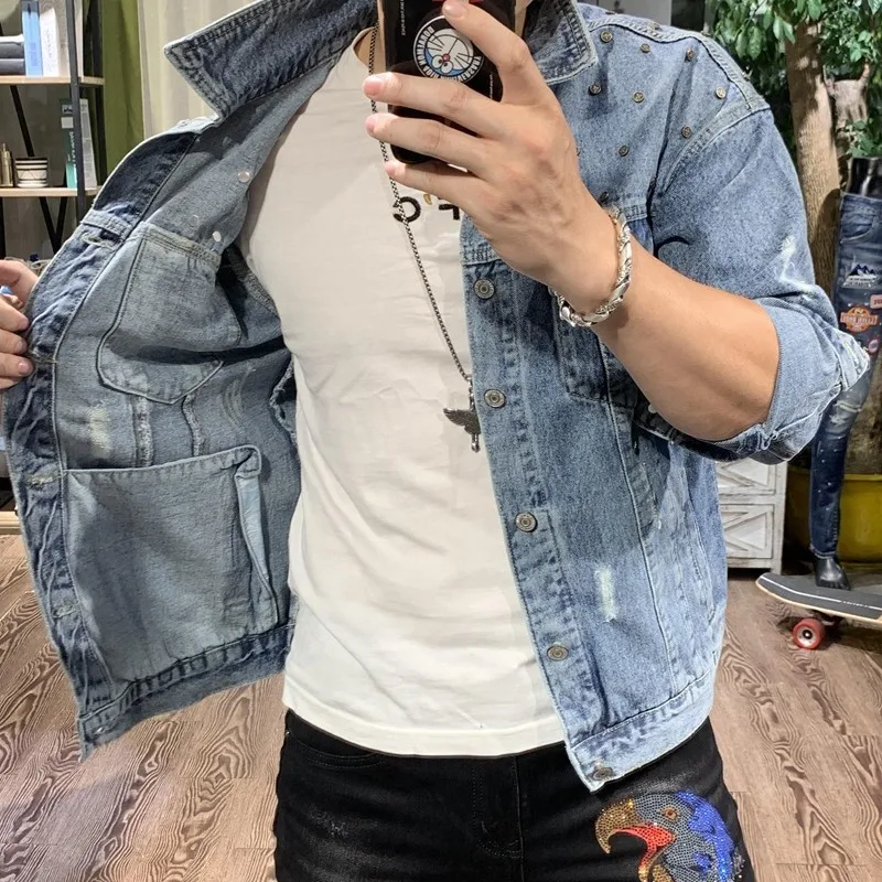 Весенне-осенние однобортные мужские джинсовые куртки с длинным рукавом