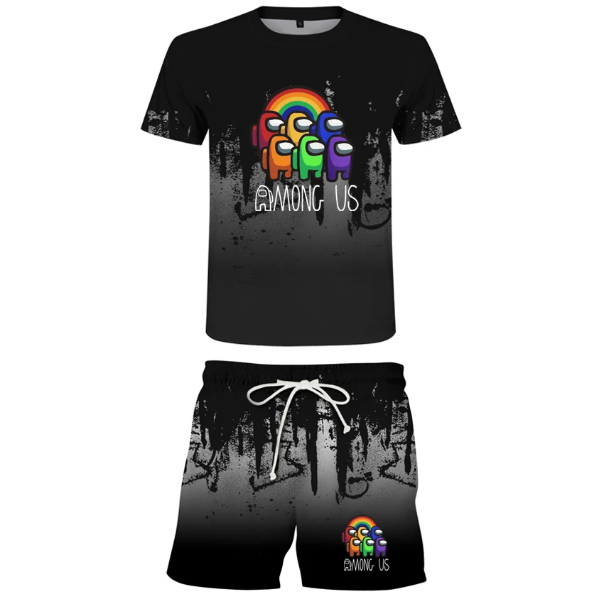 

among usFashion 3D digital printing men's sportswear summer short sleeve casual fitness men's slim sportswear