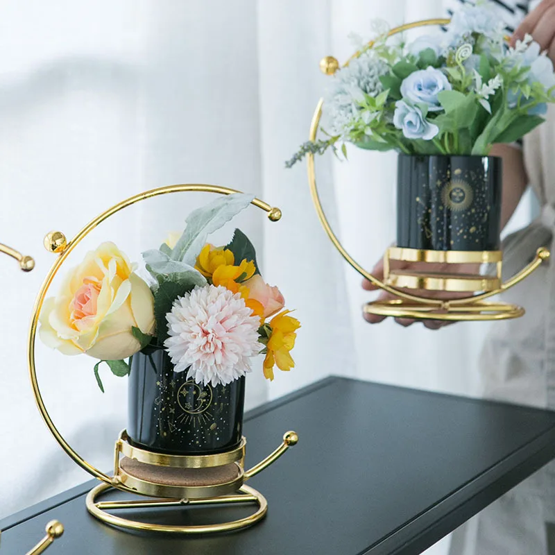 Ceramic Moon Succulent Pot Northern Europe Style Balcony Artificial Flower Vase With Golden Iron Holder Green Plant | Дом и сад