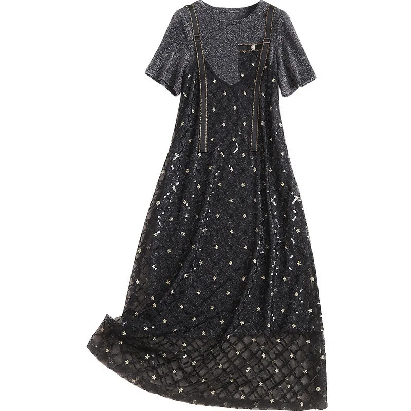 

Spring Summer Women's Mesh Embroidery Midi Dress Plus Size O-neck Short Sleeve Ladies Two-pieces Dress Clothes