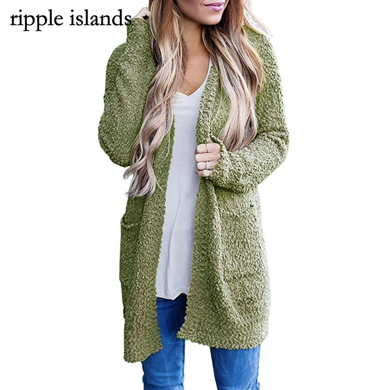 

Ripple Islands-Women's Knitwear Pure Color Granule Velvet Double Pockets Cardigan Sweater Warm Jacket Furry Top Casual Home
