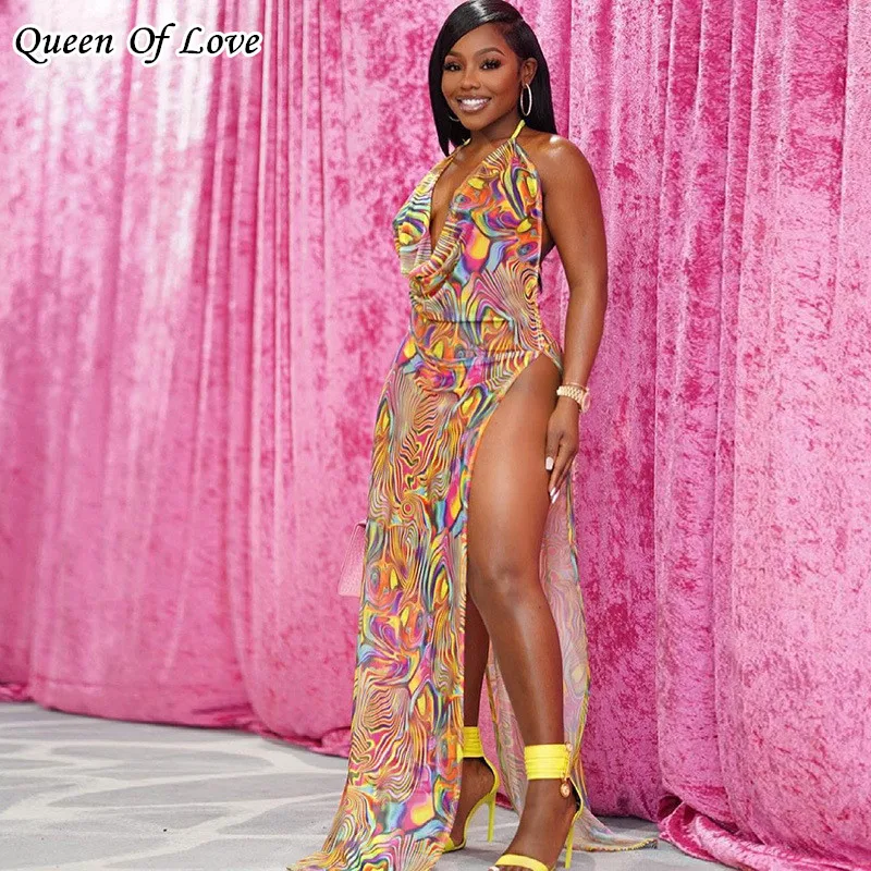 Женское длинное прозрачное платье макси элегантное с лямкой на шее Сетчатое