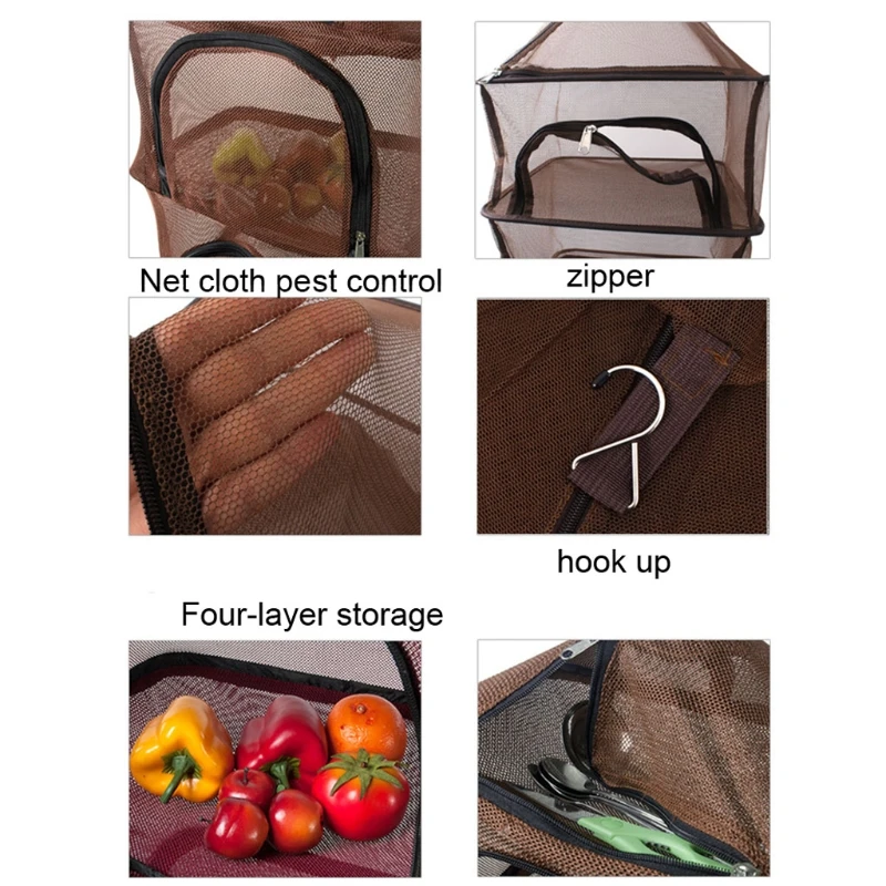

Outdoor Camping Hanging Herb Drying Rack 4 Layers Square Dry Zippered Foldable Mesh Net Organizer with Hook for Picnic