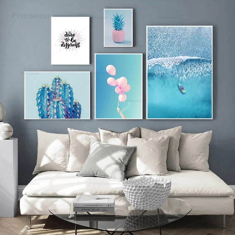 

Seascape Nordic Poster Blue Theme Ocean Pineapple Cactus Balloon Landscape Wall Art Canvas Painting for Bedroom Home Decoration