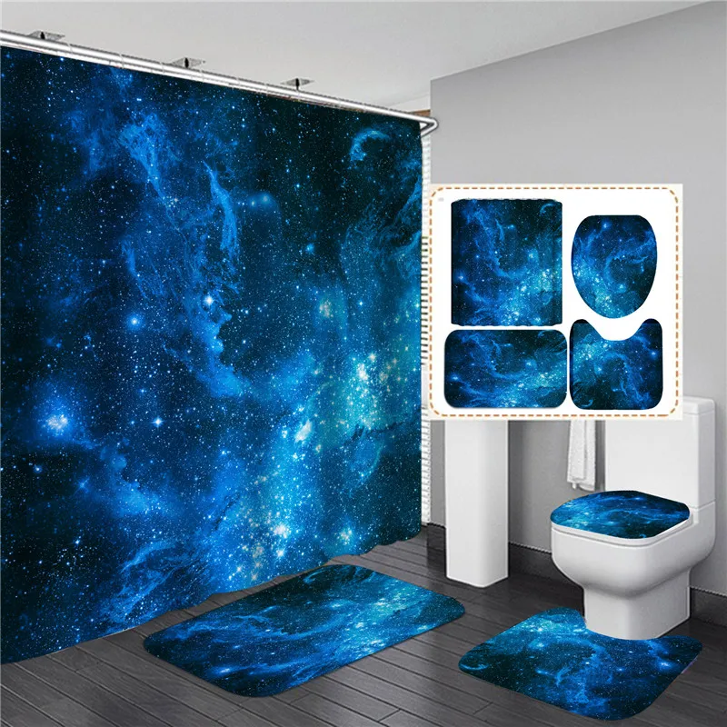

Elegant Starry Sky Universe Shower Curtain Set Bathroom Curtains Anti-Slip Bath Mat Carpets Toilet Seat Cover Soft Floor Doormat