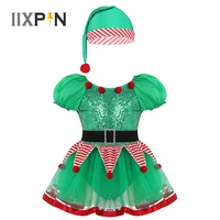 girls christmas fairy spirit dance costume ballet dress kids sequined striped peplum mesh tutu leotard dress with hat dancewear