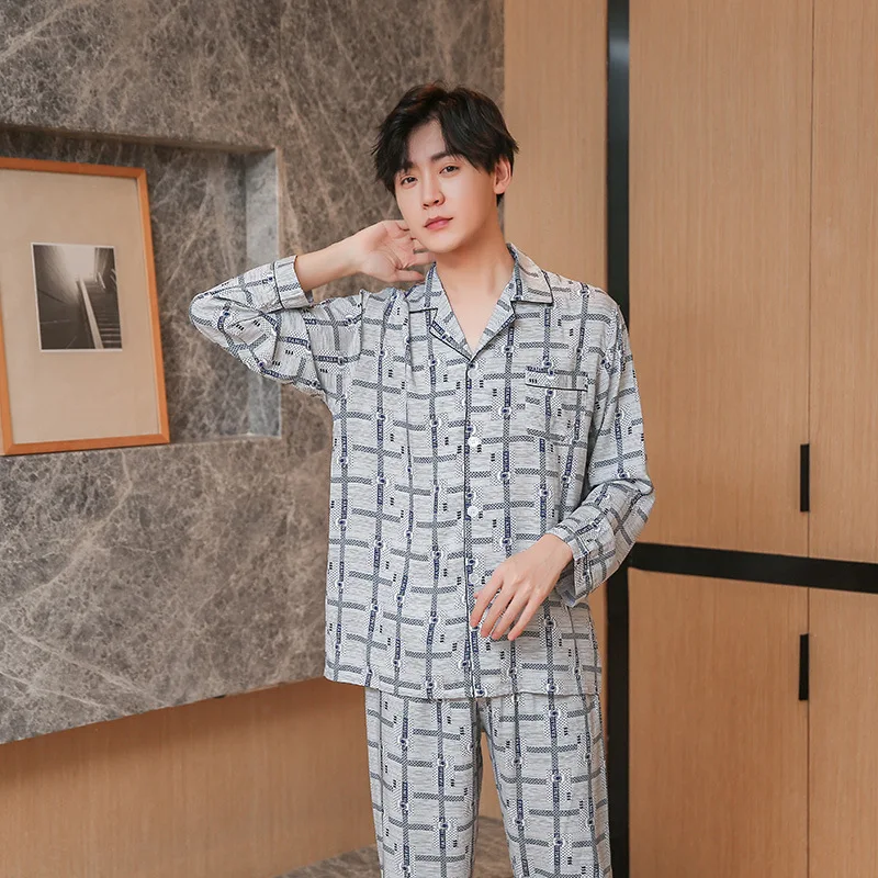 

Gray Men Plaid Homewear 2PCS Pajamas Suit Nightwear Intimate Lingerie Cotton Sleep Set Casual Turn-down Collar Sleepwear