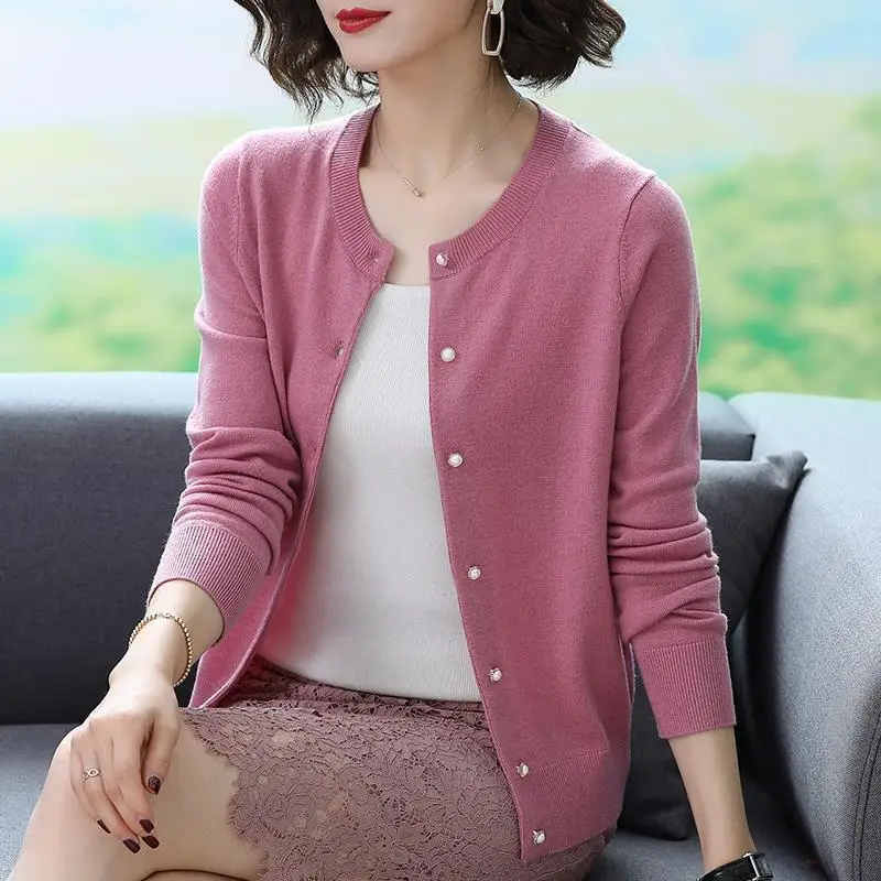 

Fashion Korean Knitting Cardigans Women Solid elegant long sleeve O-neck slim sweater Single Breasted Casual allmatch jacket