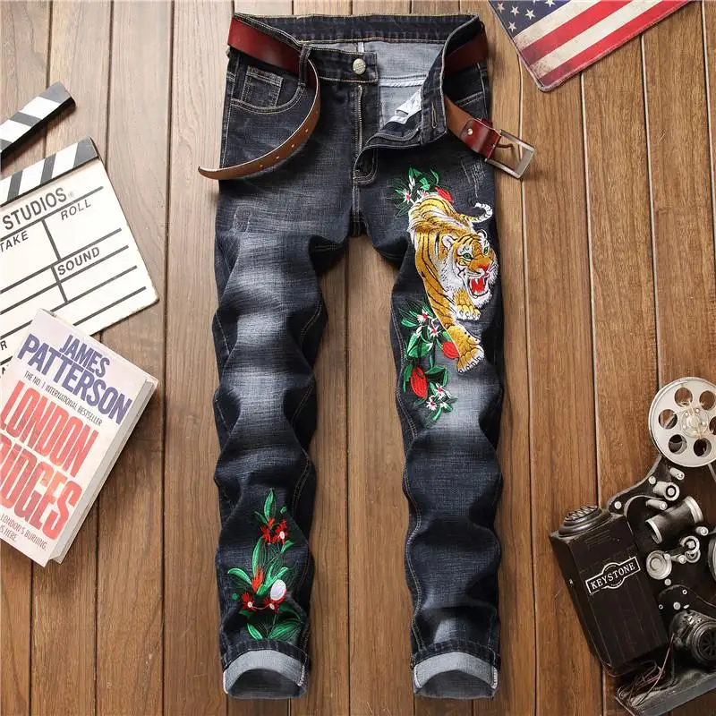 

Men's Fashion Trend Vintage Embroidered Stretch Jeans Slim Fit Denim Pants Biker Trousers