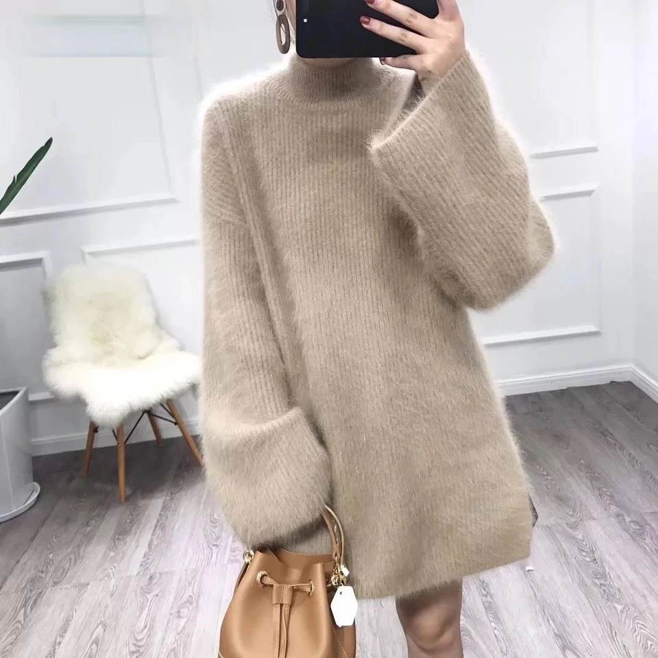 

2021 Loose Flare Sleeve Faux Mink Velvet Knitted Women Midi Long Sweater Oversize Turtleneck Casual Solid Color Pullovers Female