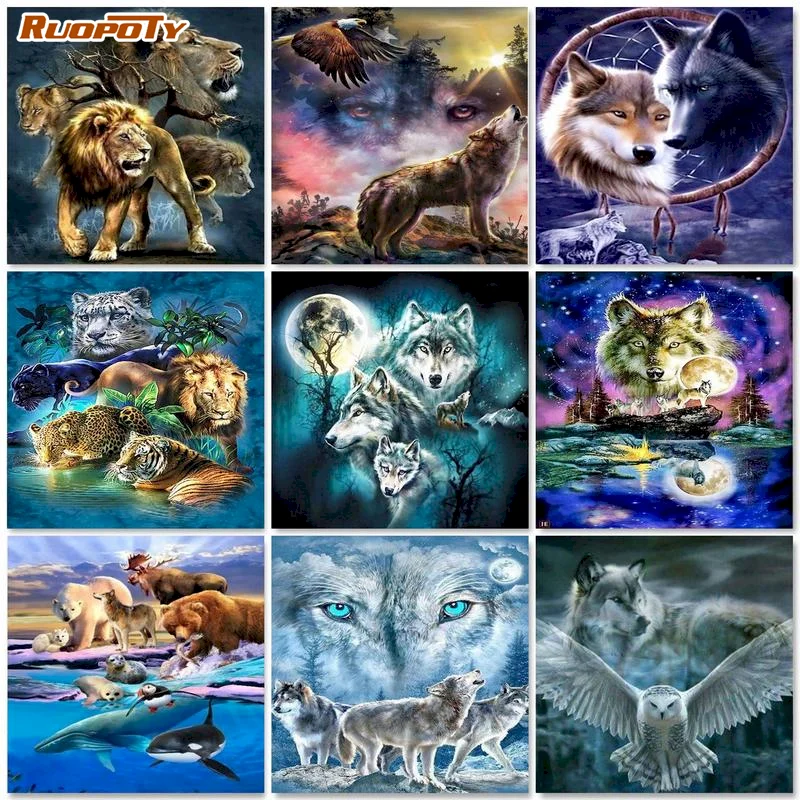 

RUOPOTY Diamond Embroidery Tiger Wolf Pictures Of Rhinestones Diamond Mosaic Animals Diamond Painting Full Square Drill Wall Dec
