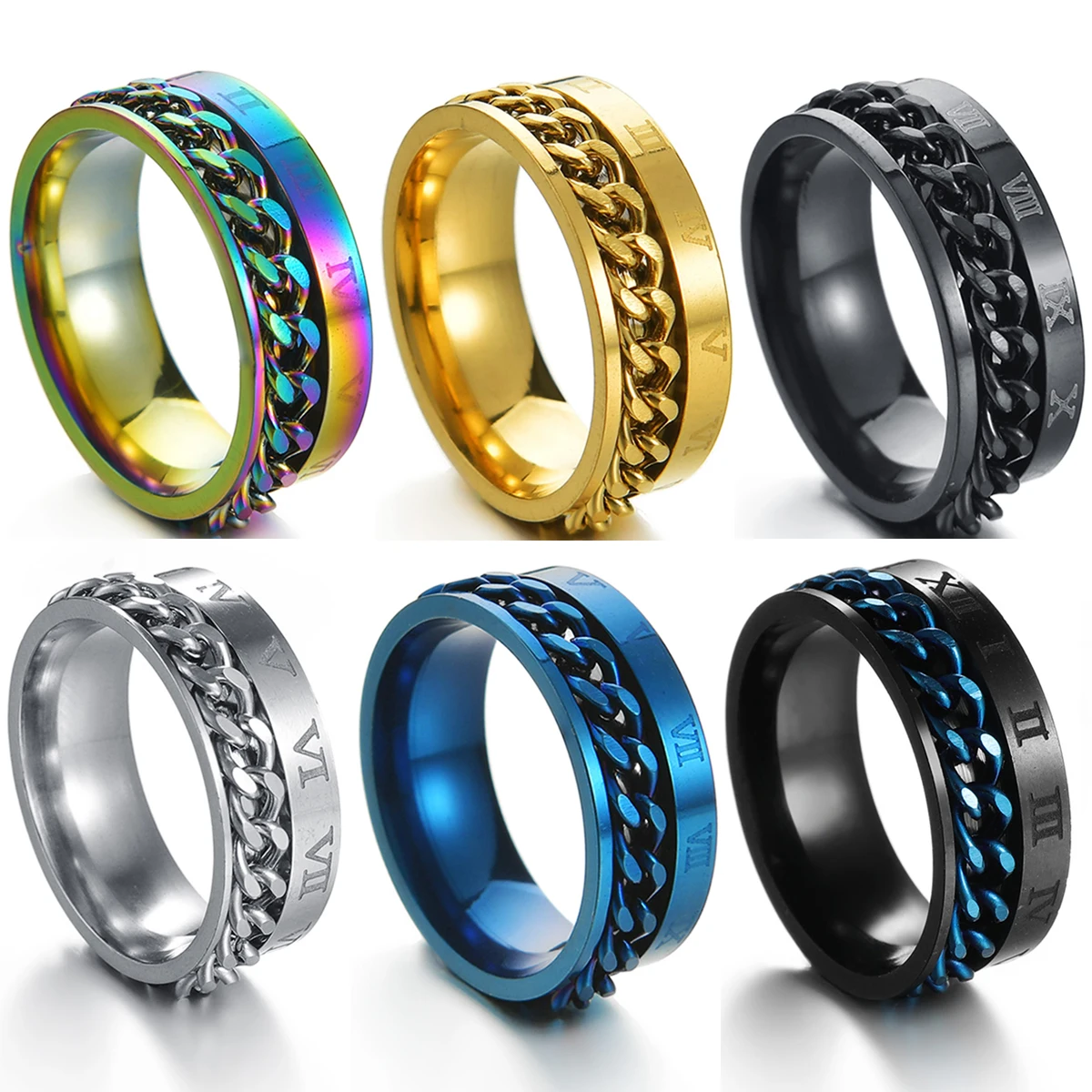

Punk Rotatable Roman Numerals Stainless Steel Ring High Quality Spinner Chain Rings Rock Women Man Jewelry Party Gift