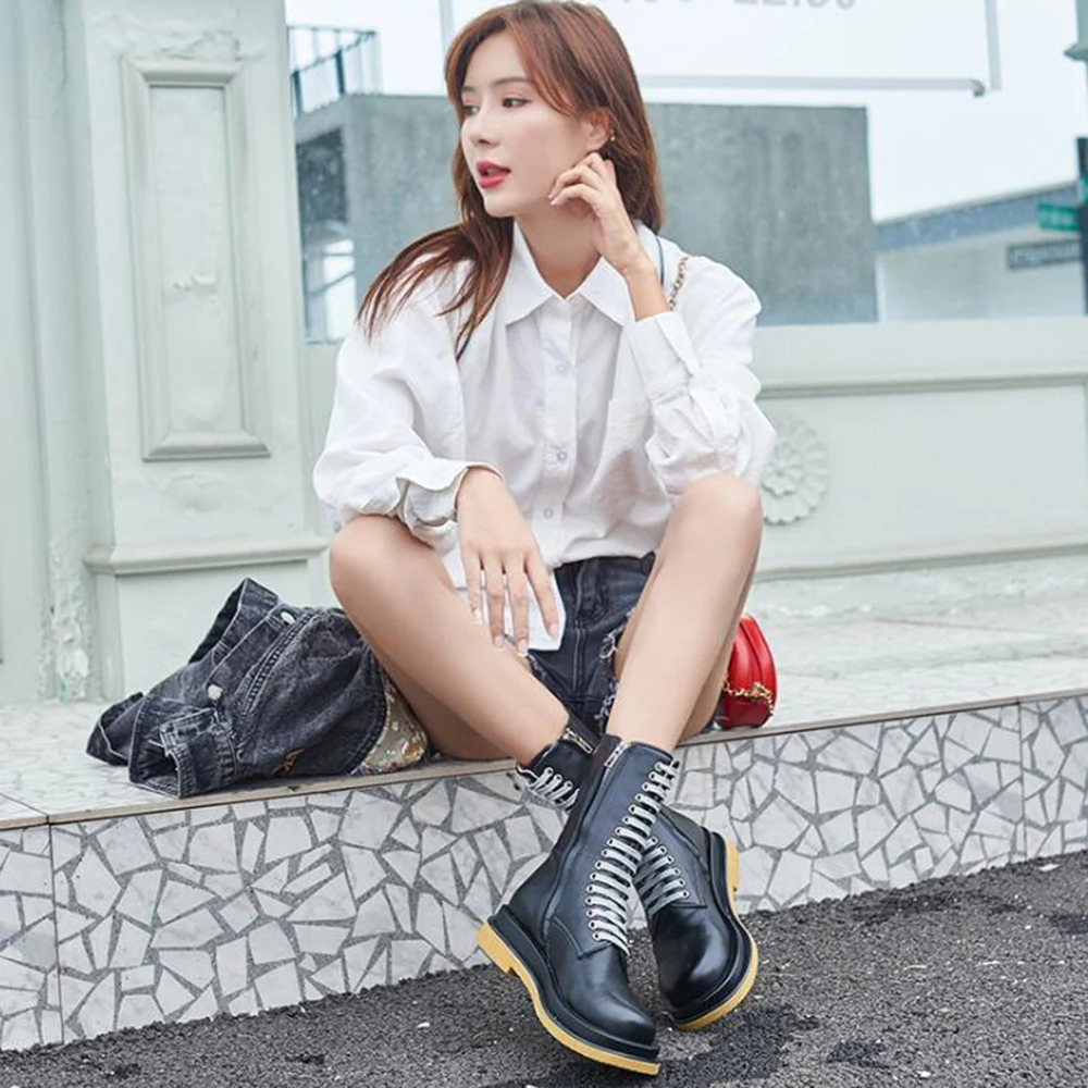 

British style Genuine Leather Boots autumn Women Platform shoes Fashion Round toe Casual Boots Ladies Motorcycle boots ww48