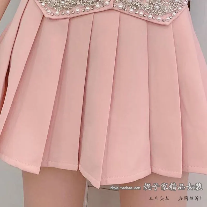 

2021 Spring Autumn New Fashion Rhinestone Beaded Pleated Short Skirt Sweet High Waist Slimming High Street A- Line Mini Skirt
